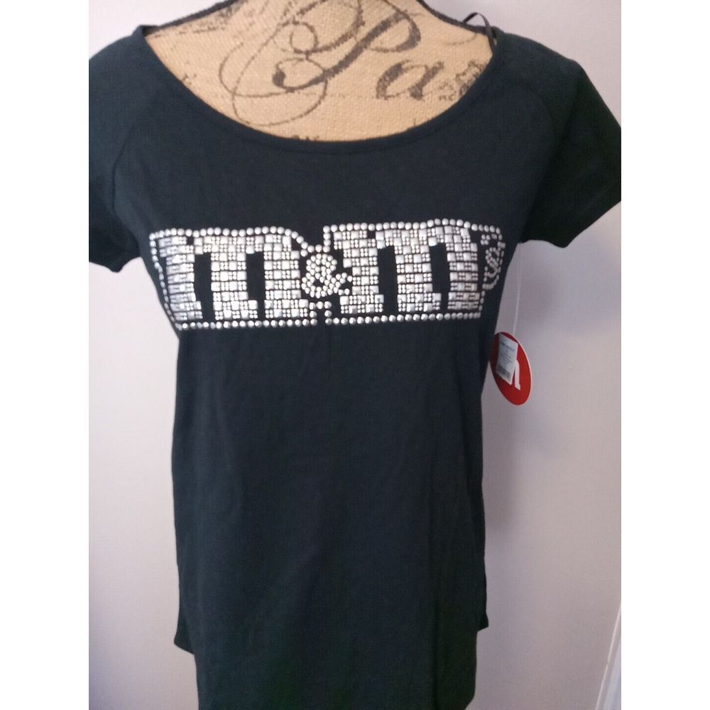 m & m Women Black Studded Logo Cutout Back Tshirt‎ Size Large - Picture 3 of 5